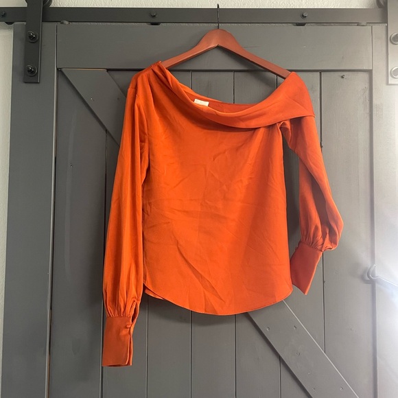 Dee Elly Tops - One-Shoulder Long-Sleeve Blouse in Rust Orange